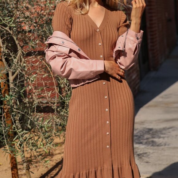 LUMIERE Brown Ribbed Knit Button Down Midi Dress Short Sleeve Ruffle Hem - Picture 1 of 10